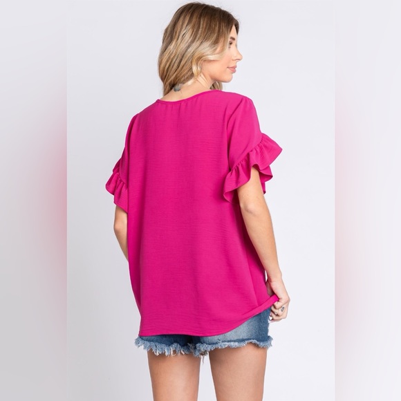 GeeGee V-Neck Ruffle Trim Short Sleeve Blouse - Picture 2 of 5